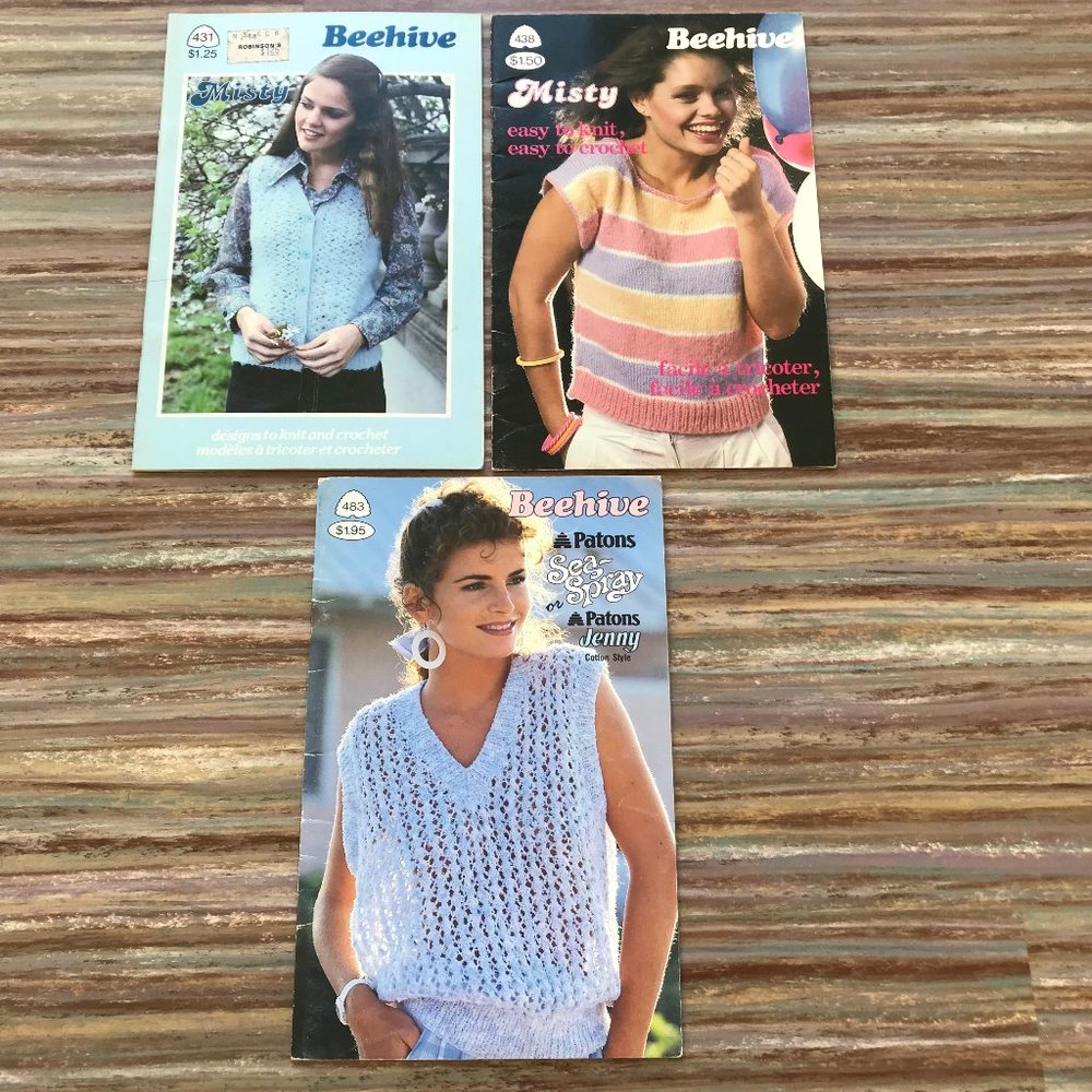 Beehive Patons Knitting Pattern 3 Vtg Booklets Ladies Sweater Vest Hat Scarf